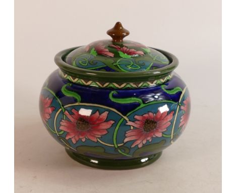 Wileman &amp; Co. Intarsio lidded bowl. Decorated with pink flowers and green leaves on blue ground. Patt no.3579. Diameter: 
