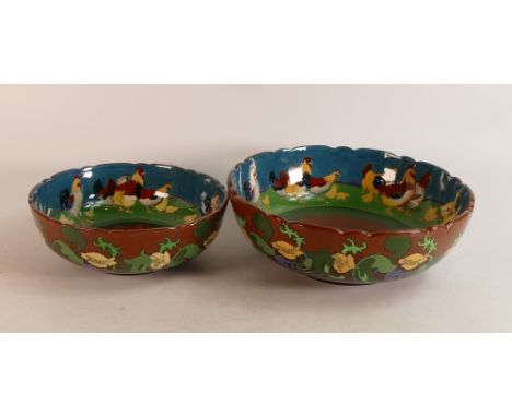 Two Wileman &amp; Co. Intarsio bowls Patt no.3427 together with Patt no.3428. Both decorated with Chickens and Duck Panels to