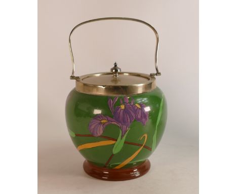 Wileman &amp; Co Intarsio biscuit barrel with EPNS rim, handle &amp; lid. Decorated with purple Iris on green ground. Patt no