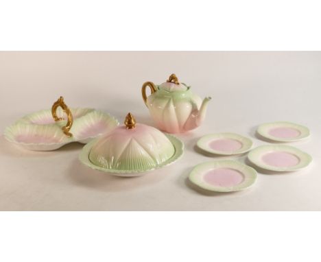 Wileman &amp; Co. Dainty shape tea pot, covered Muffin dish, four 5cm round plates pattern No. 5875, together with Trefoil di