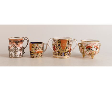 Royal Crown Derby cauldron, tyg, and small coffee can together with coffee can in silver holder (4) 