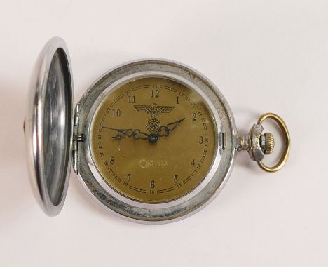 Gents hunter pocket watch bearing OMEGA to dial and movement, swastika and eagle to dial and swastika to front cover.  German