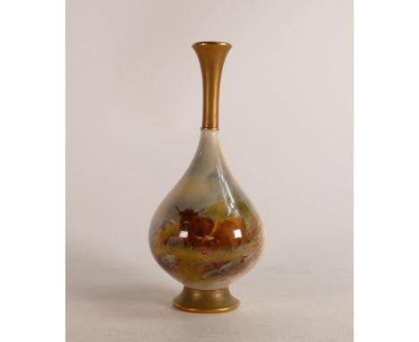 Royal Worcester hand painted bottle vase. Painted with Highland cattle by Harry Stinton. Height: 20.5cm 