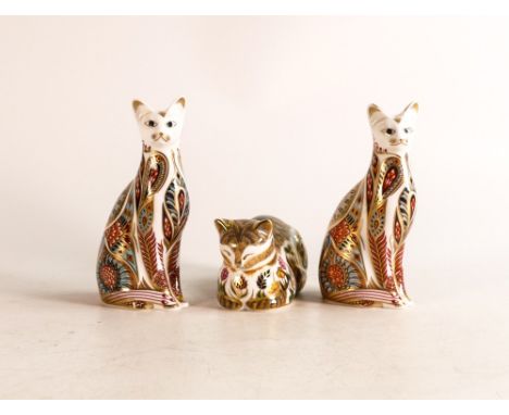 Royal Crown Derby Paperweights including Cottage Garden Cat &amp; two Siamese Cats, tallest 13.5cm (silver stoppers) (3) 