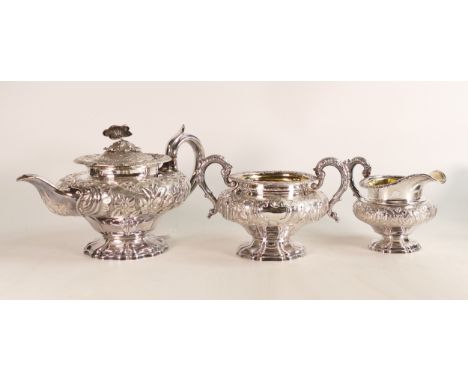 Outstanding very heavy Rococo style solid 3 piece silver tea set, matching clear hallmarks for William IV, Sheffield 1835, ma