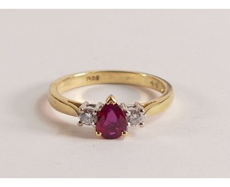 18ct gold Ruby &amp; Diamond teardrop ladies ring. Size L1/2, weight 3.0g. Boxed. 