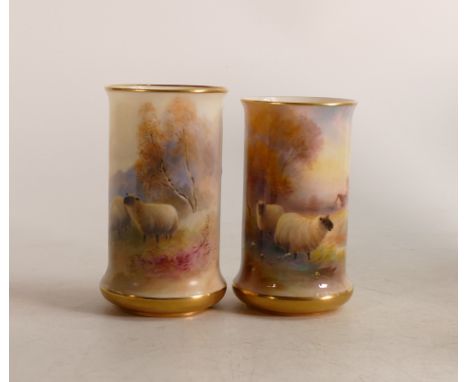 Two Royal Worcester hand painted Sheep design vase signed H Davis: Puce backstamp, height of tallest 11cm (2) 