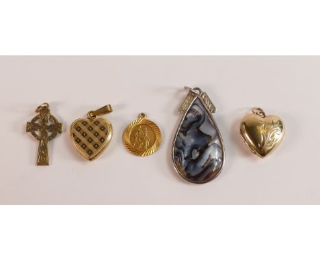 9ct gold hallmarked St. Christopher &amp; Celtic cross, gross weight 2.41g, together with 9ct back &amp; front locket, rolled