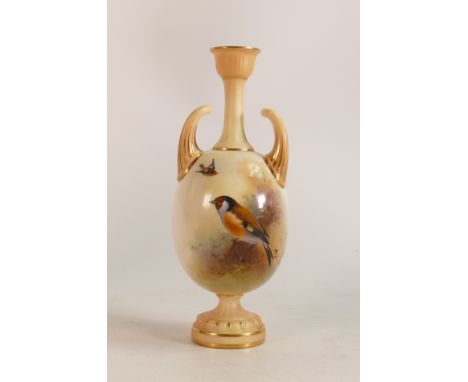 Royal Worcester hand painted vase with Goldfinch by E Barker. Puce factory marks, height 16.5cm 