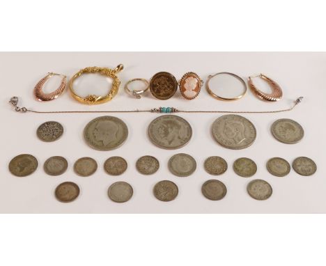 Small job lot of gold jewellery &amp; silver coins - includes 18ct gold &amp; diamond ring (2.17g), 9ct St. George ring, made