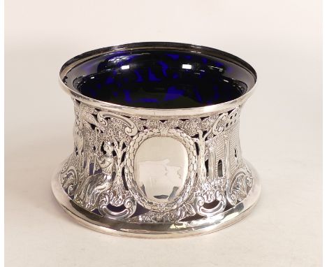 Impressive silver Irish Potato ring and blue glass liner.  Bears clear hallmarks for Dublin 1918, and makers marks for James 