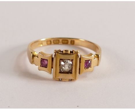 Victorian 18ct yellow gold Ruby &amp; old cut Diamond (about 15 points / 0.15ct) dress ring, size R, weight 3.6g.  Full clear