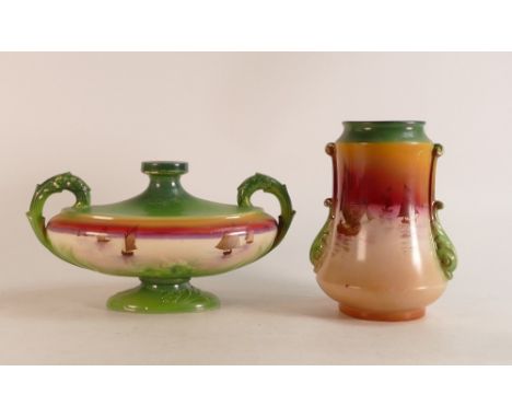 Wileman &amp; Co. Faience Delphic Sunset design vase with Dolphin handles together with an Aladdin's lamp vase Patt no.7332. 