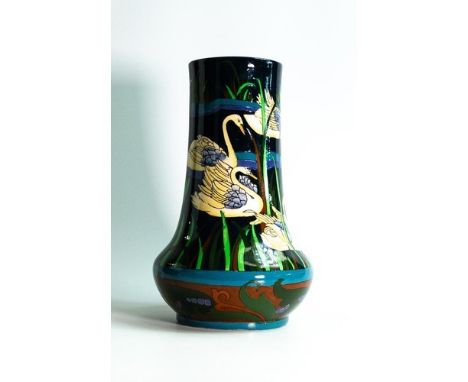 Wileman &amp; Co. Intarsio vase, pattern 3159. Swans swimming on river with reeds in foreground. Height 31.5cm 