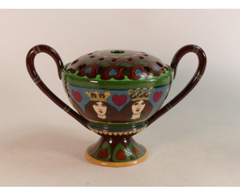 Wileman &amp; Co Intarsio two handled lidded bowl. Decorated with head and shoulders of the King &amp; Queen of Hearts. Patt 