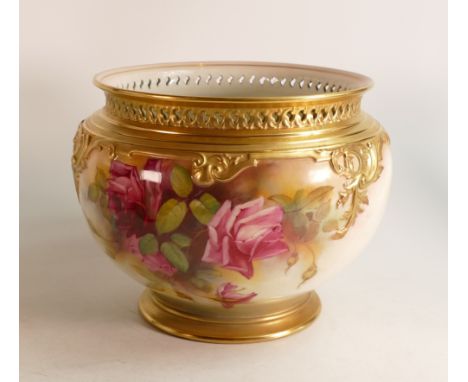 Royal Worcester large planter decorated with pink roses signed W H Austin, puce factory mark. Diameter 21cm 
