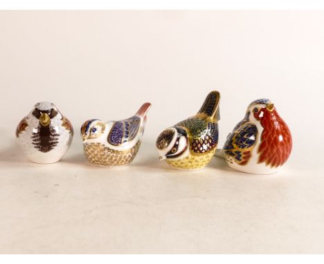 Royal Crown Derby paperweights to include - House Sparrow, Robin, Tit &amp; similar (one with silver stopper) (4) 