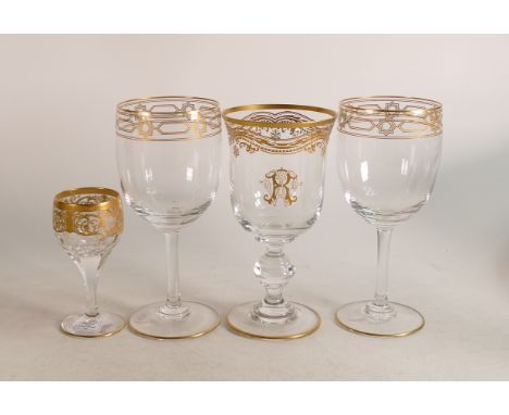 De Lamerie Fine Bone China heavily gilded glass Crystal Robert Adam II vodka glass together with three gilded wine goblets, o