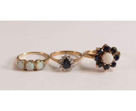 Three 9ct hallmarked gold rings - Sapphire &amp; Diamonds size K/L, 3 stone opal size J, together opal &amp; sapphire ring si