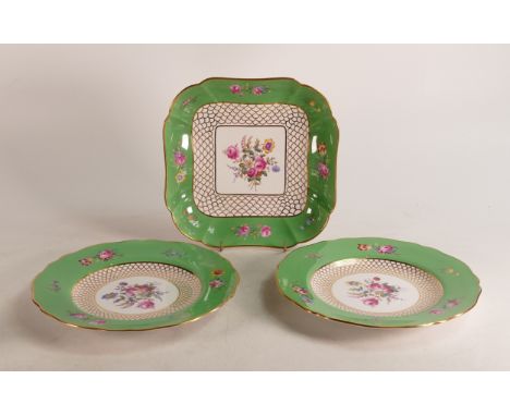 A pair of Spode Copeland floral and gilt plates with green border together with matching square dish. Diameter of plate 23cm 