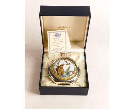 Moorcroft enamel and silver Red Grouse hip flask by J Horne. Limited edition 19/50. Boxed with certificate. Height 10.5cm 
