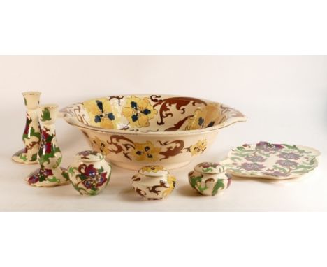 Wileman &amp; Co. Faience toilet basin and lidded bowl, yellow and black floral dressing table set consisting of tray, candle