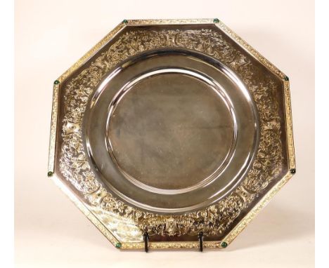 De Lamerie Fine silver plated gilt layplate/tray, Robert Adams with Green Gem Stones pattern, high end quality item, new and 
