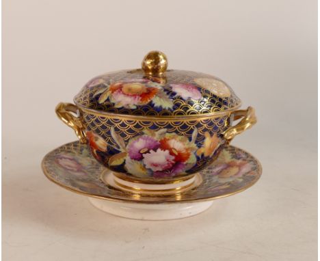 Coalport covered sucrier &amp; saucer, described on old sales ticket as c1820. Hand painted floral decoration.&nbsp; Bears pr