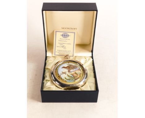 Moorcroft enamel and silver Ptarmigan hip flask  by Sandra Dance, limited edition 6/50. Boxed with certificate. Height 10.5cm