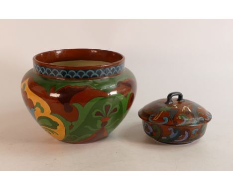 Wileman &amp; Co Intarsio flowerpot Jardiniere Patt no.3059 decorated with stylised floral pattern on green ground together w