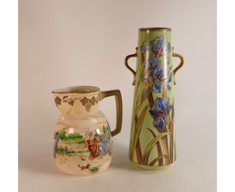 Wileman &amp; Co. Fishing Monks pattern jug height  20cm together with a two handled vase in the Blue Iris pattern on green g