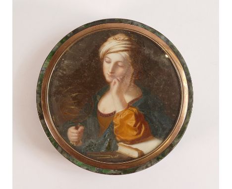 Solid gold mounted hand painted Italian snuff box, late 18th / early 19th century, with green Porphyry granite body, and of a