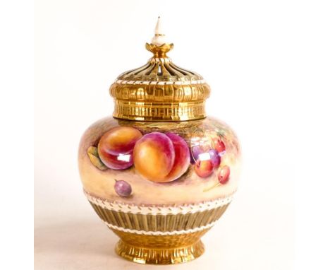 Royal Worcester hand painted Pot Pourri vase and cover. Painted in fruit still life by John Reed. Shape no.1286, black mark. 