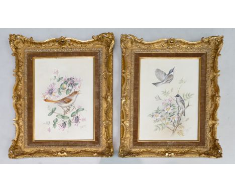 A superb pair of Royal Worcester oblong plaques, each hand painted by E Townend &amp; dated 1975, lesser Whitethroats on Wild