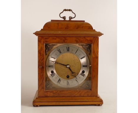 Elliot of London 8-day Lever Westminster &amp; Whittingham chime Mantle clock, silvered and brass dial in Burr Walnut case, h