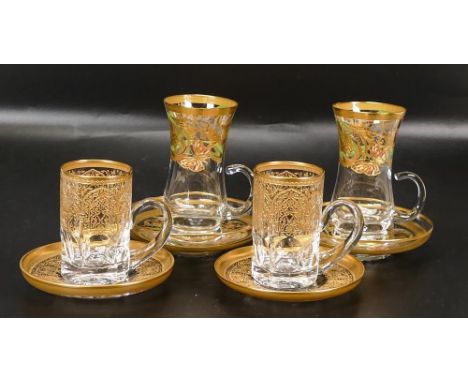 Four De Lamerie Fine Bone China heavily gilded Arabic style coffee cups &amp; saucers in two styles, specially made high end 