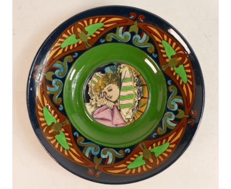 Wileman &amp; Co Intarsio plaque. Decorated with young girl waking up to centre, bird motifs to shoulder. Patt no.3070 Diamet