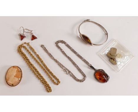 Group of jewellery including 9ct gold rope chain 42cm long 6.1g,  unmarked silver and faux amber bangle cased, Clewco rolled 