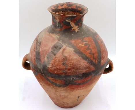A Neolithic period terracotta vessel, with flared tubular neck and two loop handles; the upper body painted with geometric mo