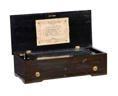 ϒA Swiss rosewood and simulated rosewood musical box, late 19th century, the mechanism playing a choice of six airs via a pin