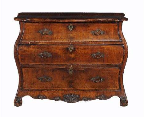 A Louis XV walnut commode, mid-18th century, of Bombé outline, 85cm high, 110cm wide, 60cm deep