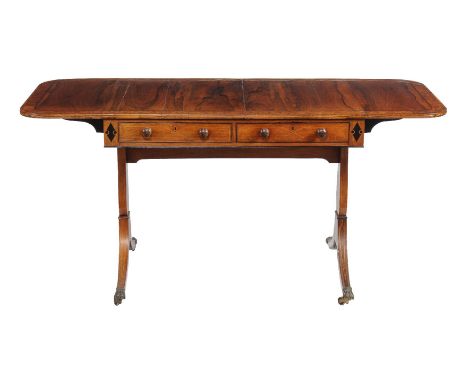 ϒ A George III rosewood and burr yew banded sofa table, circa 1810, 73cm high, when open 151cm wide, 65cm deep ϒ  Indicates t