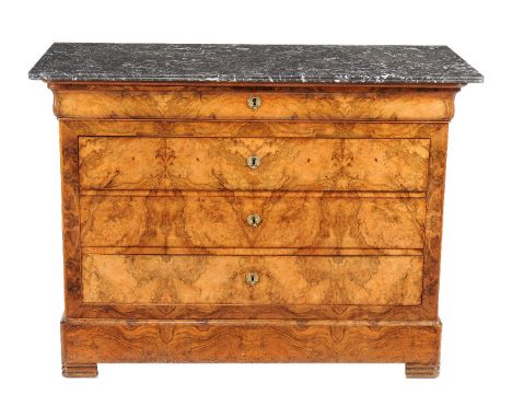 A Louis Philippe burr walnut and marble mounted commode, circa 1840, 96cm high, 130cm wide, 60.5cm deep