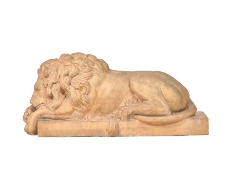 After Antonio Canova, (Italian 1757 - 1821), a sculpted terracotta model of a recumbent lion, late 19th century, on an integr