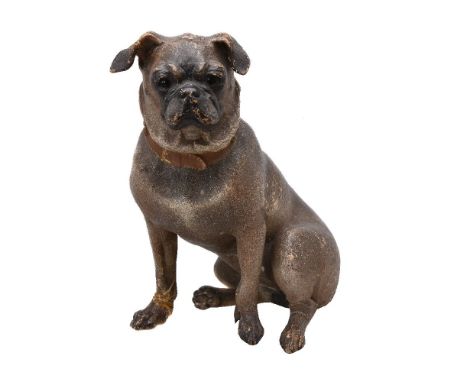 An Austrian painted terracotta model of a seated pug, early 20th century, portrayed wearing a studded collar, with inset glas