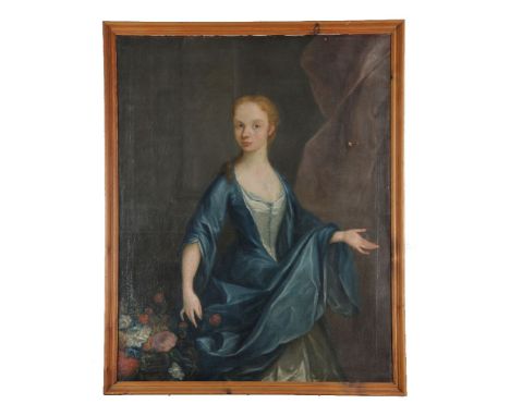 Circle of Michael Dahl (Swedish 1659-1753)   Portrait of a lady standing by a bouquet of flowers Oil on canvas 125 x 100cm (4