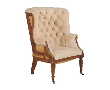 A mahogany and button upholstered tub armchair in William IV style, of recent manufacture, with brass label to rear for Artso