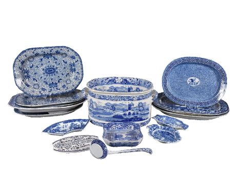 A selection of Staffordshire blue and white printed pottery, various dates 19th century and later, comprising: a Spode 'Tower