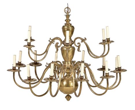 A substantial brass eighteen light chandelier in Dutch 17th century style, second half 20th century, the circular and graduat