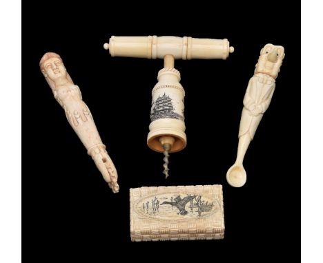 ϒA scrimshaw style marine ivory corkscrew, 20th century, the body decorated with a square-rigger and a light house, the handl